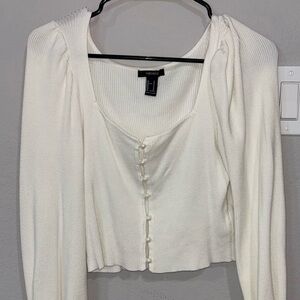 Forever 21 Cream Ribbed Button-Front Cropped Top